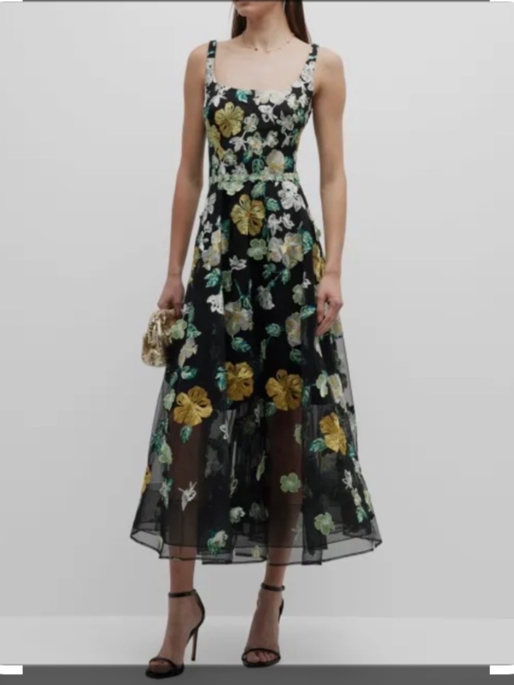 Marchesa Notte Floral-Embroidered Tulle Midi Dress